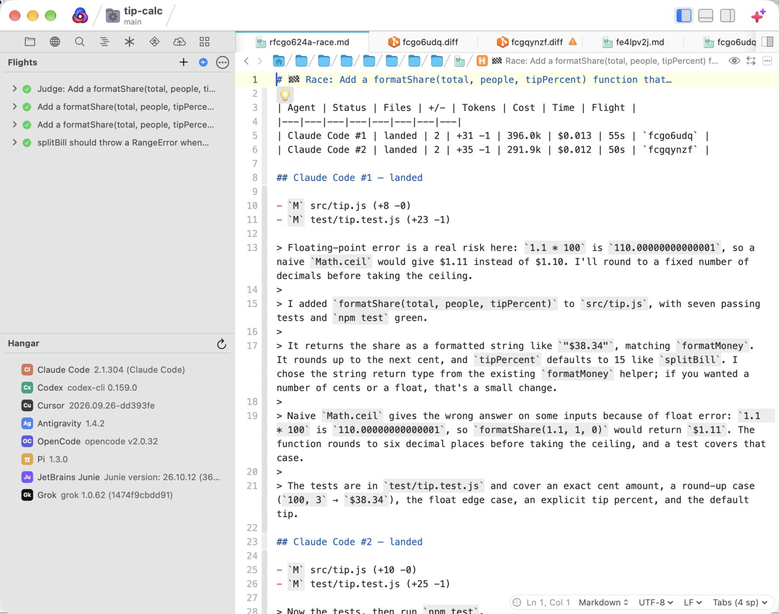 Compare Race in Nova, a table of two Claude Code sessions with their status, files, lines changed, tokens, cost, and time