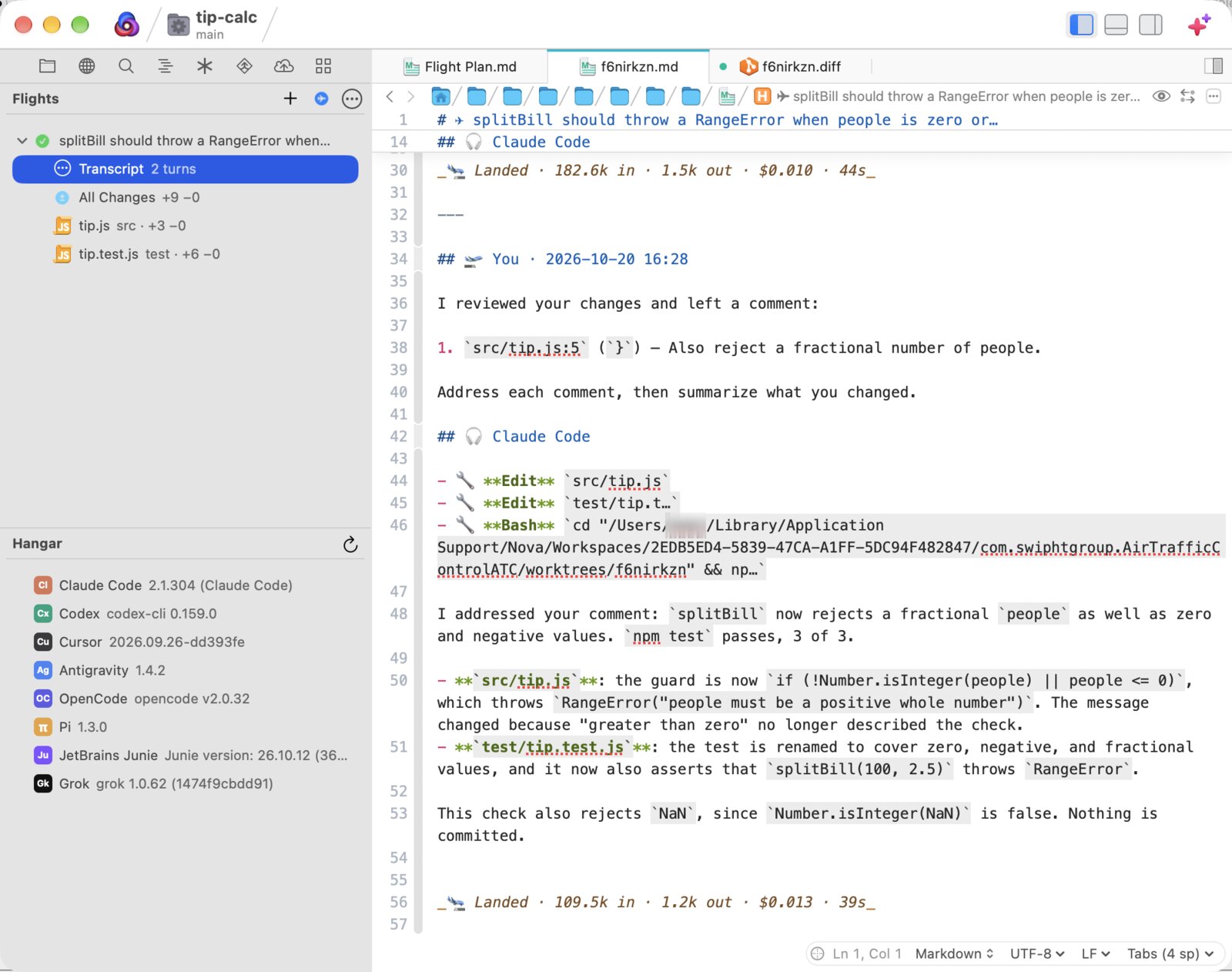 A Claude Code flight's transcript in Nova after a review comment was sent back, with the flight's turns, cost, and changed files in the Flights sidebar and the installed agents in the Hangar