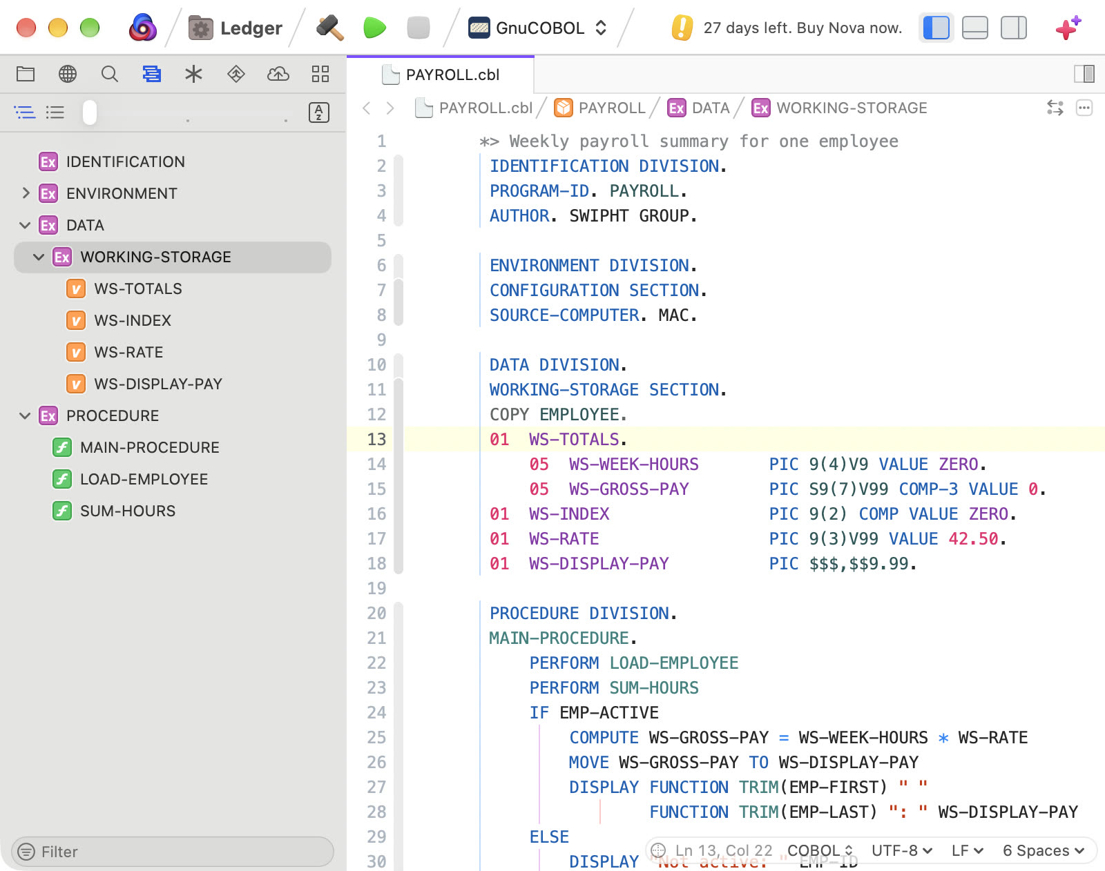 COBOL source code highlighted in Nova, with the symbol list showing the data division items and the procedure division paragraphs