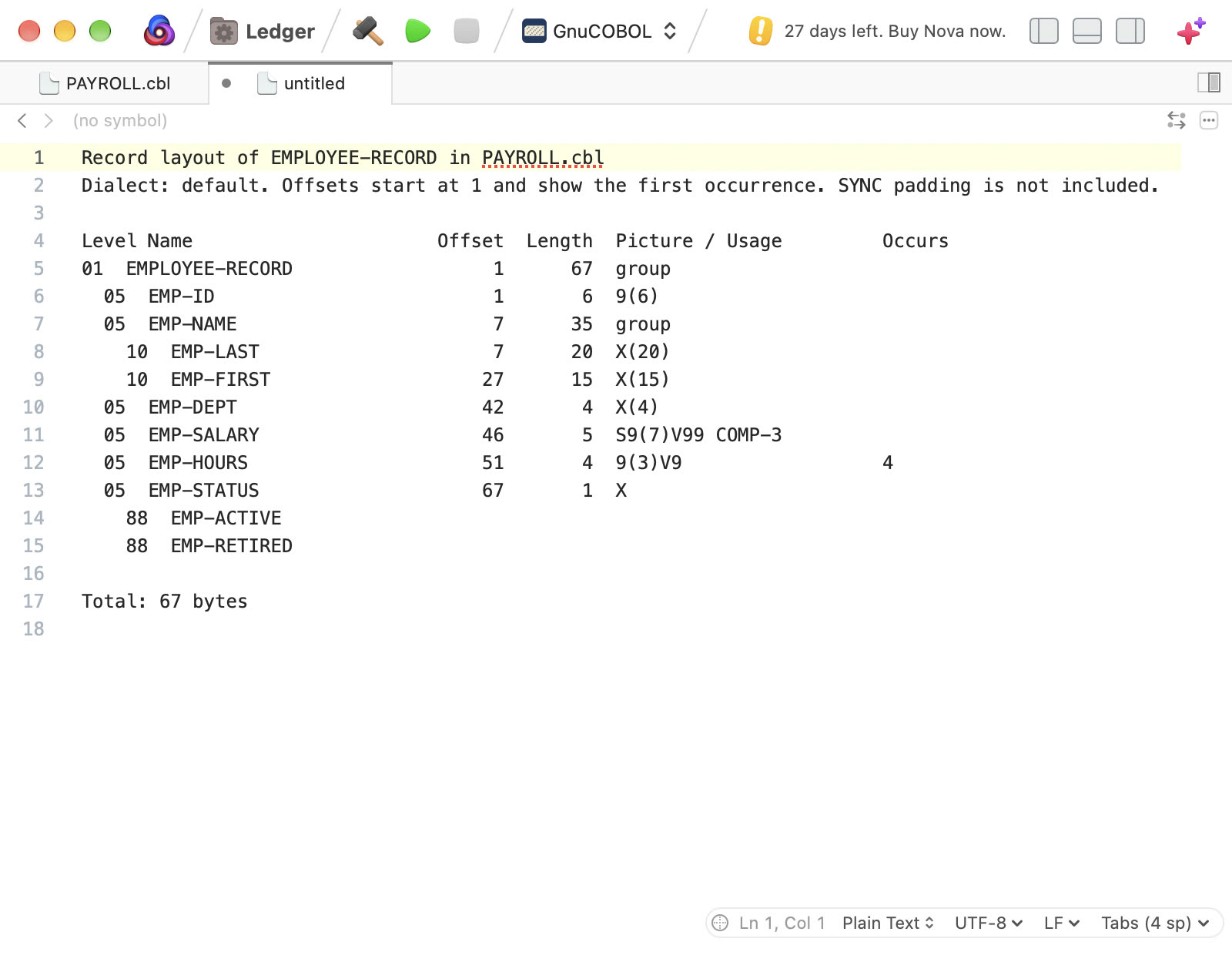 A record layout in Nova listing the fields of EMPLOYEE-RECORD from a copybook, with level, offset, length, picture, and occurrences