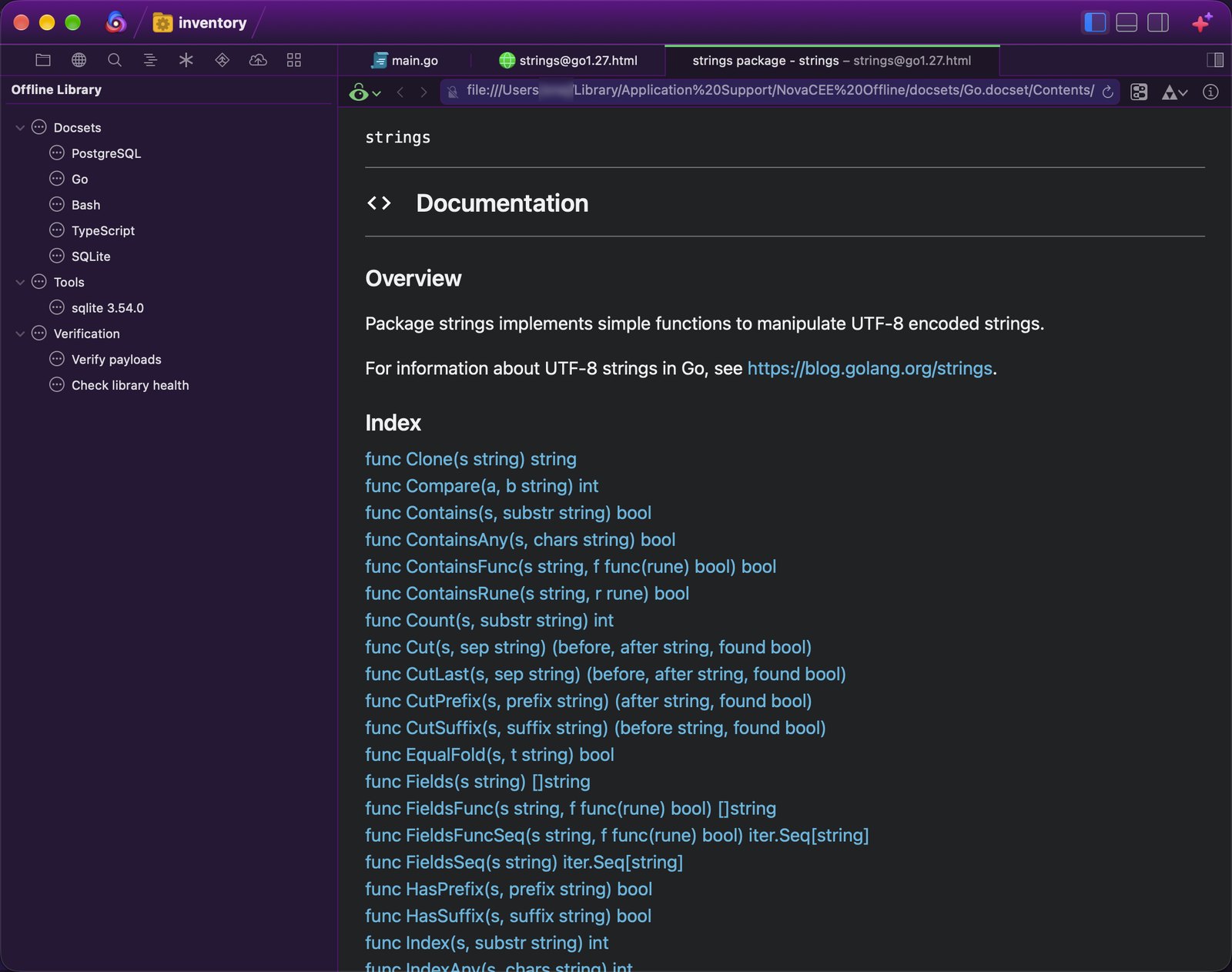 The strings package page from the Go docset in a Nova preview tab, opened from a search result