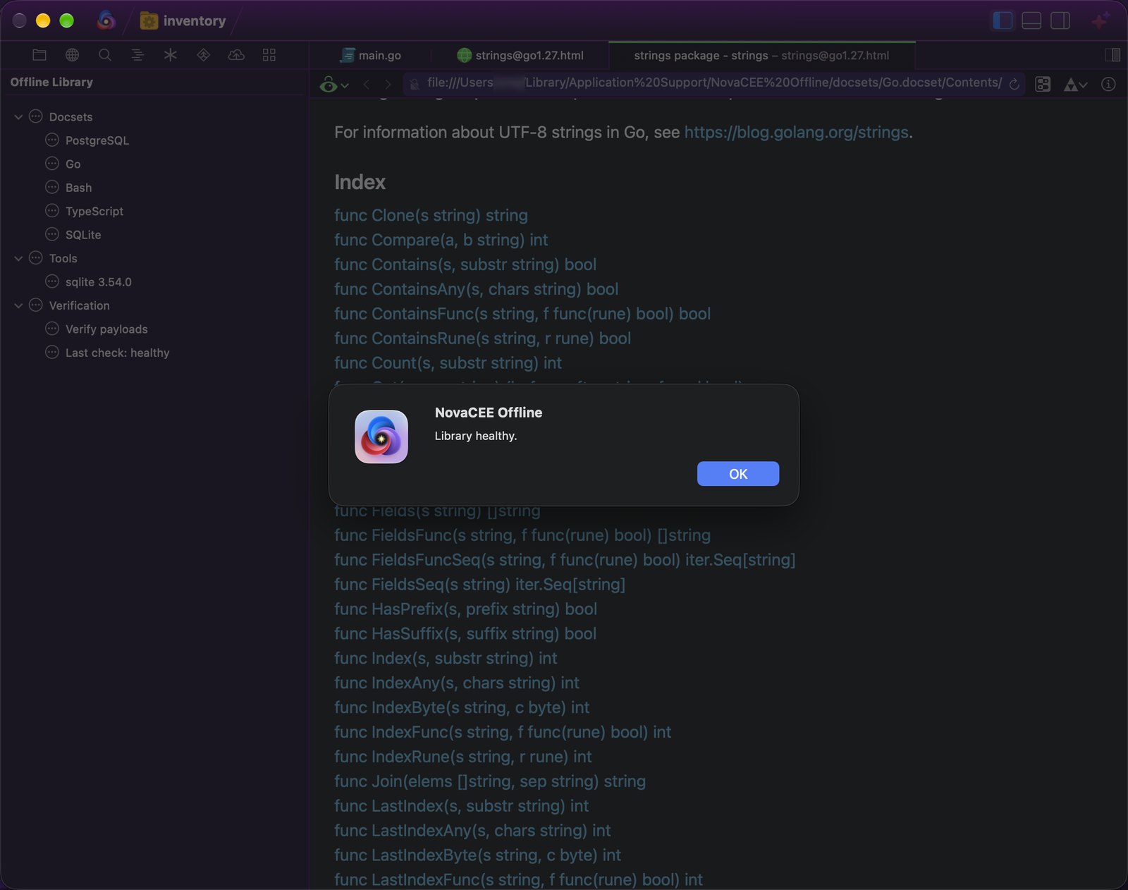 The message Library healthy in Nova, with Last check: healthy in the Offline Library sidebar