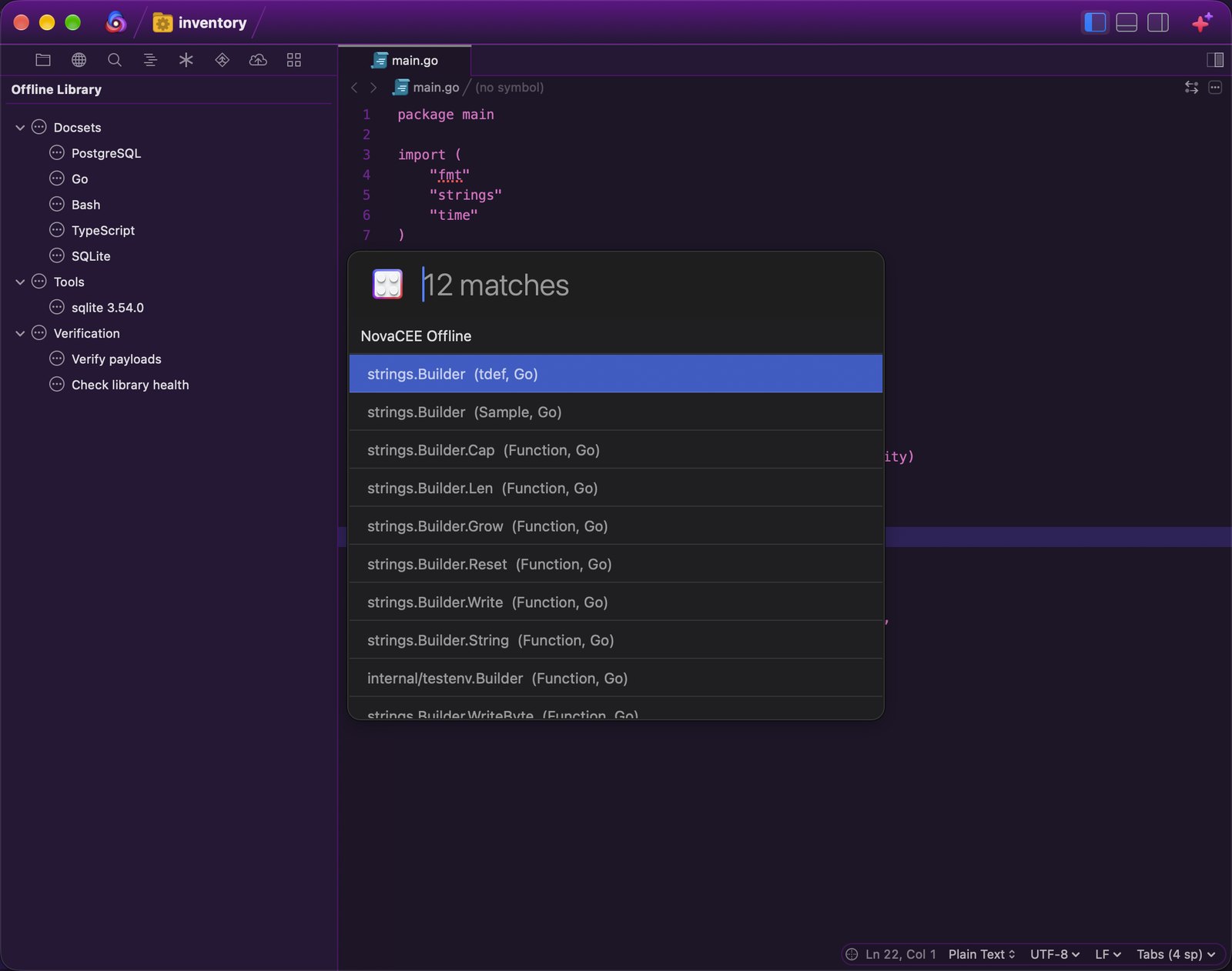 Search Offline Docs in Nova, with 12 matches for Builder from the Go docset, and the Offline Library sidebar listing five docsets, a sqlite tool, and the verification actions