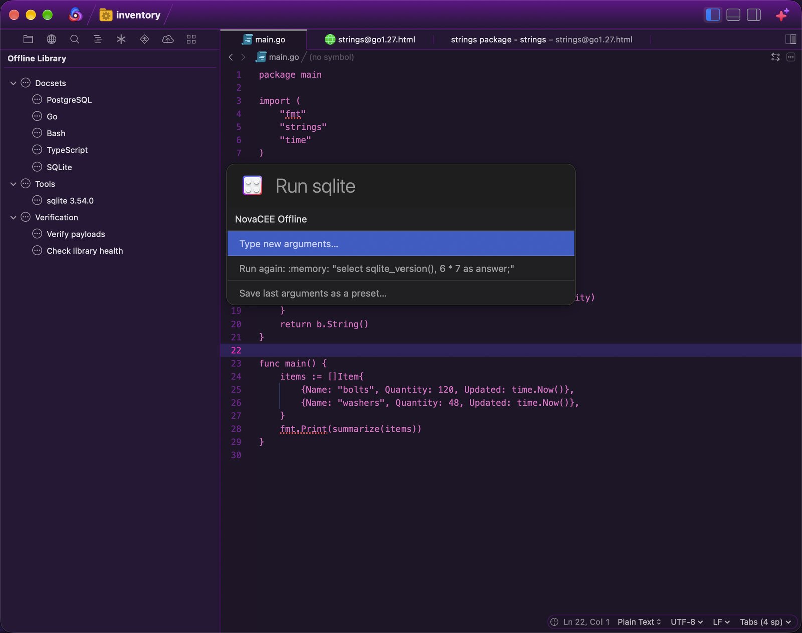 The Run sqlite palette in Nova, with Type new arguments, Run again with the last arguments, and Save last arguments as a preset