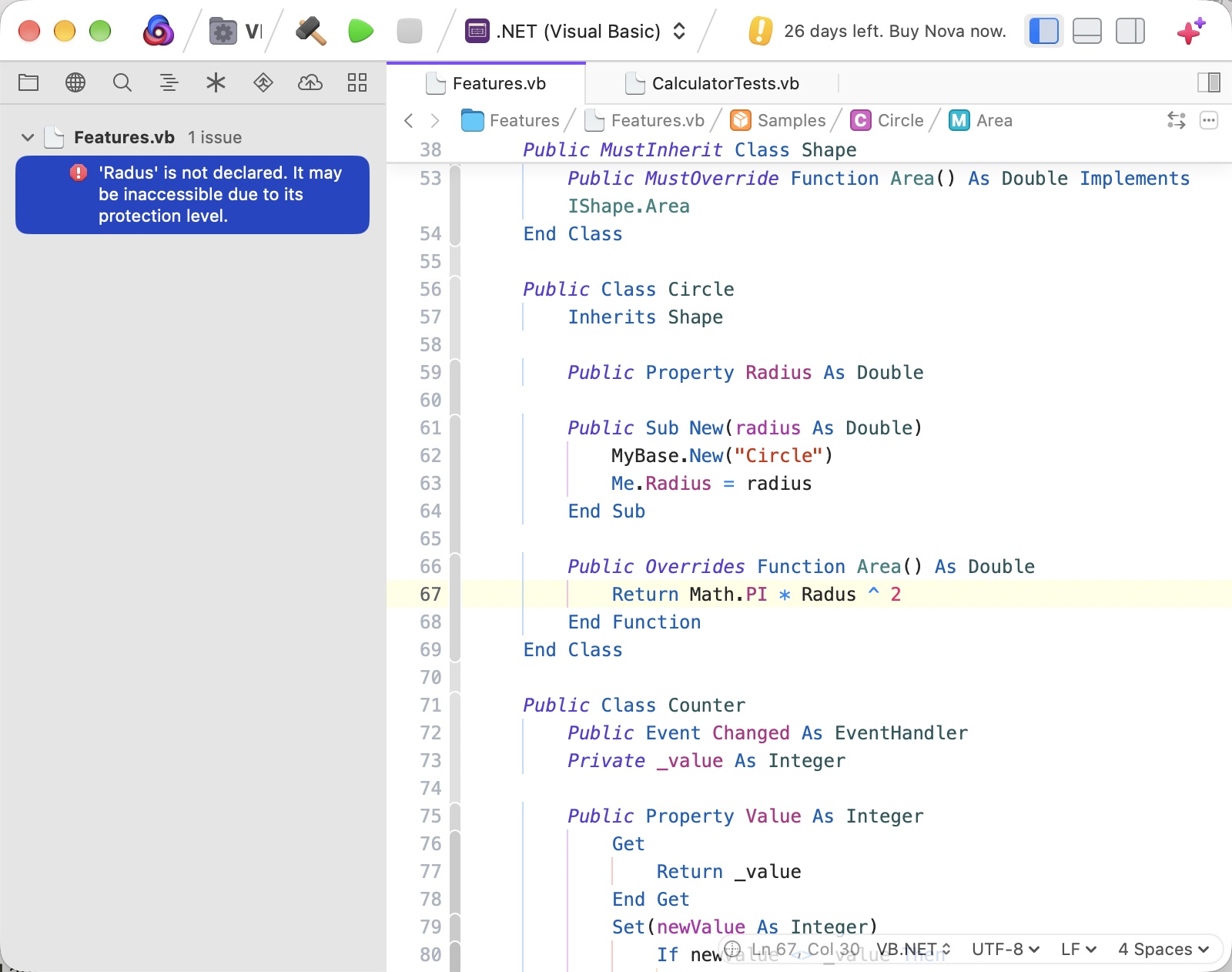 Nova's Issues sidebar showing the Visual Basic compiler error 'Radus' is not declared after saving a VB.NET file