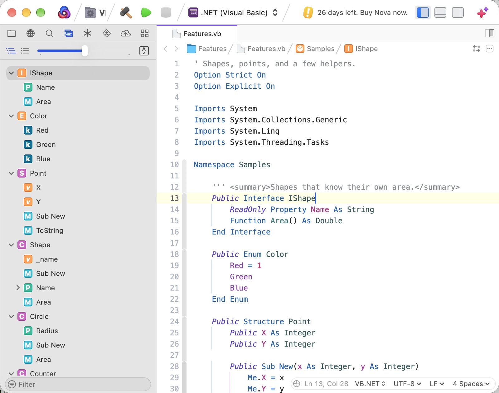 Visual Basic .NET source code highlighted in Nova, with the symbol list showing its types and their members